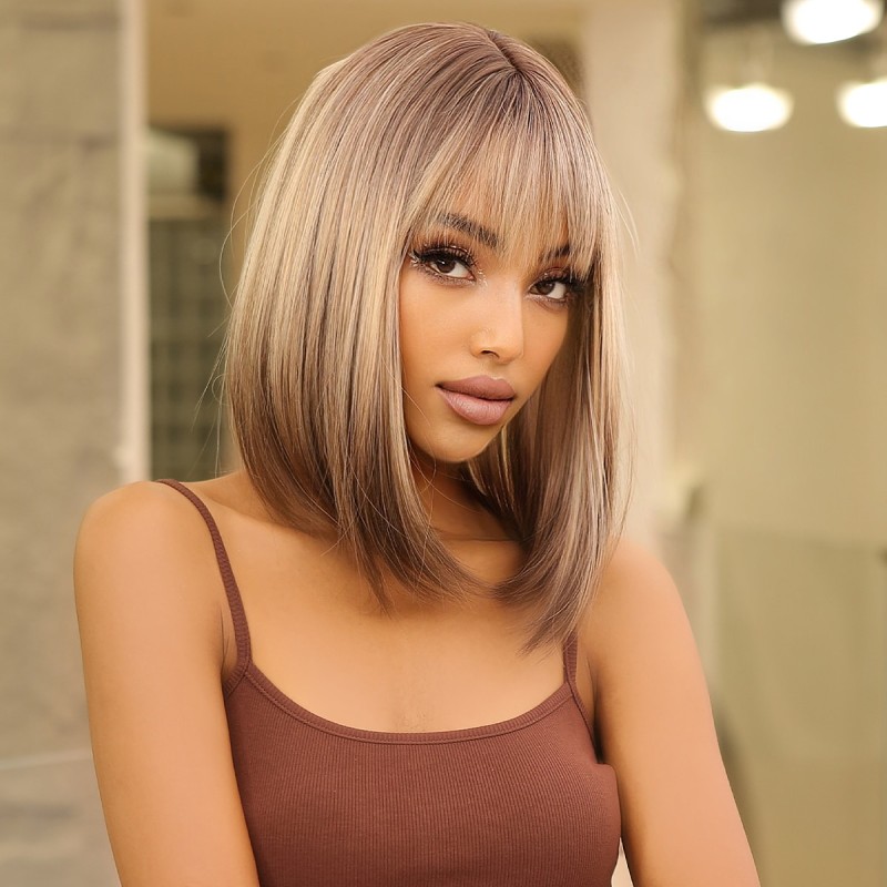 ALAN EATON Short Bob Synthetic Wigs with Bangs Ombre Brown Blonde Wigs for Women Straight Cosplay Party Wig Heat Resistant Hair