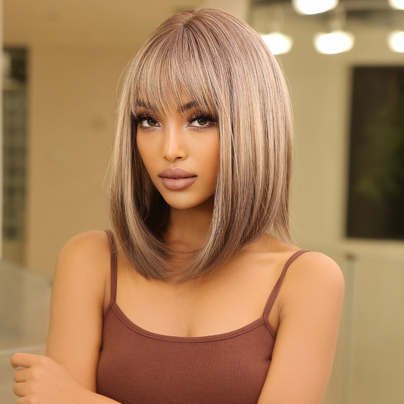 ALAN EATON Short Bob Synthetic Wigs with Bangs Ombre Brown Blonde Wigs for Women Straight Cosplay Party Wig Heat Resistant Hair