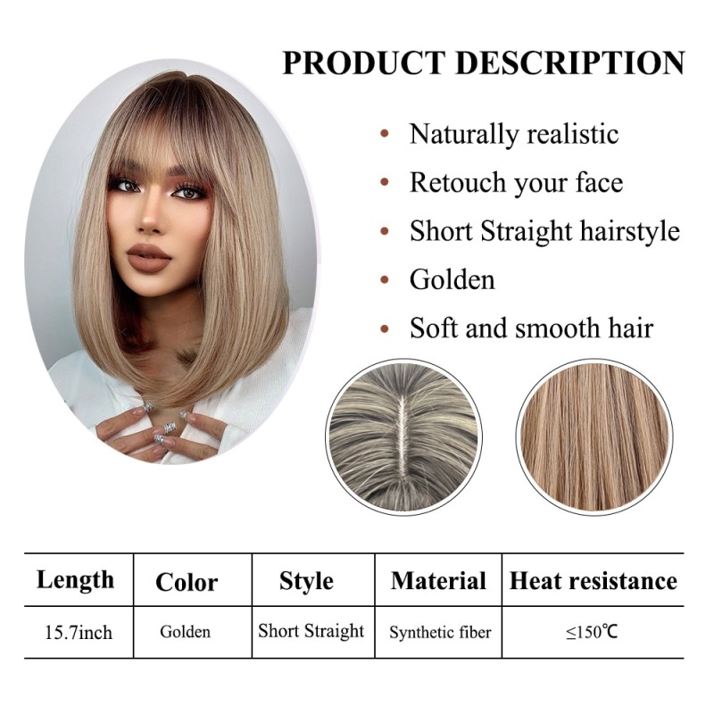 EASIHAIR Short Straight Bob Wigs with Bang Golden Brown Natural Synthetic Hair for Women Daily Cosplay Heat Resistant Fiber Wigs