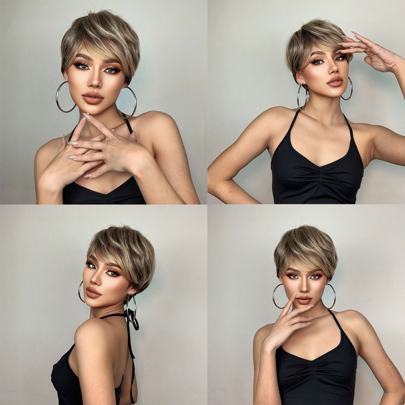 HENRY MARGU Dark Root Ombre Brown Blonde Short Hair Wigs Fluffy Pixie Cut Synthetic Wig for Black White Women Heat Resistant