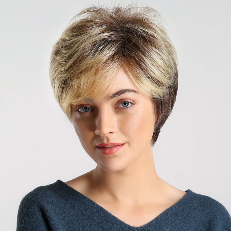 HENRY MARGU Dark Root Ombre Brown Blonde Short Hair Wigs Fluffy Pixie Cut Synthetic Wig for Black White Women Heat Resistant