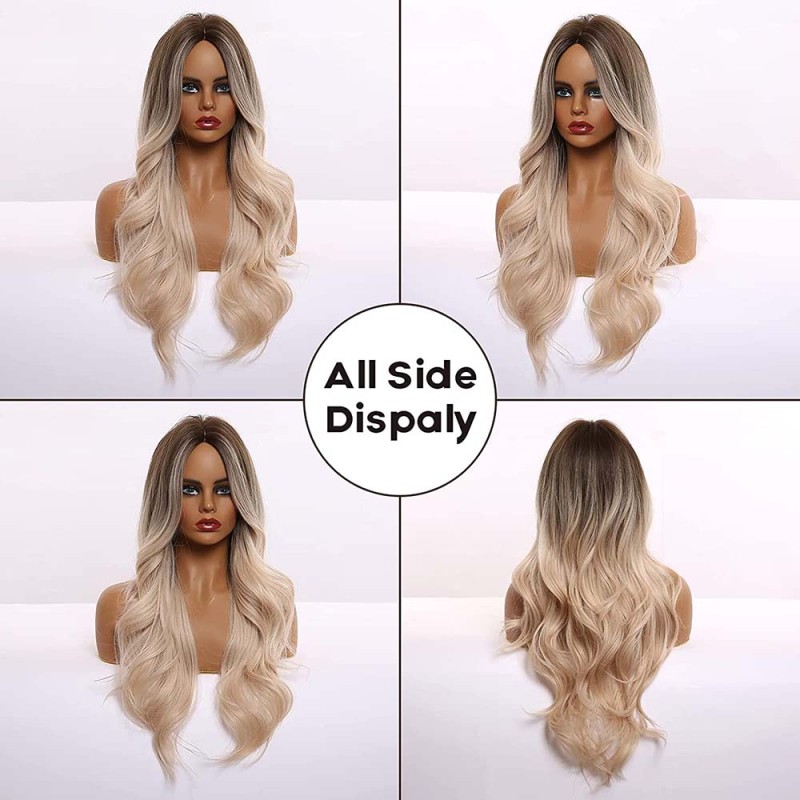 EASIHAIR Ombre Brown Light Blonde Platinum Long Wavy Middle Part Hair Wig Cosplay Natural Heat Resistant Synthetic Wig for Women