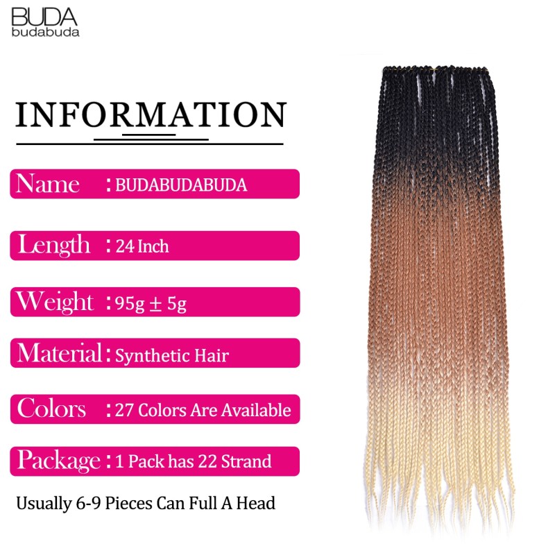 24inch Ombre Box Braids Crochet Hair Long Pre-Looped Crochet Braids For Women Girls Synthetic Braiding Hair Extensions BUDABUDA