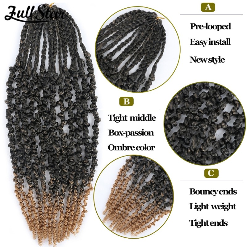 Full Star 16 Inch Box Passion Twist Hair Pre-twisted Ombre Crochet Hair Water Wave Crochet Box Braids Bohemian Synthetic Hair