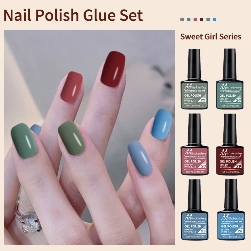 Gel Nail Polish Set 6 Colors Semi Permanent UV Led Gel Varnish Soak Off Nail Lacquers Base  Gel Nail Art Varnish 7.5ML