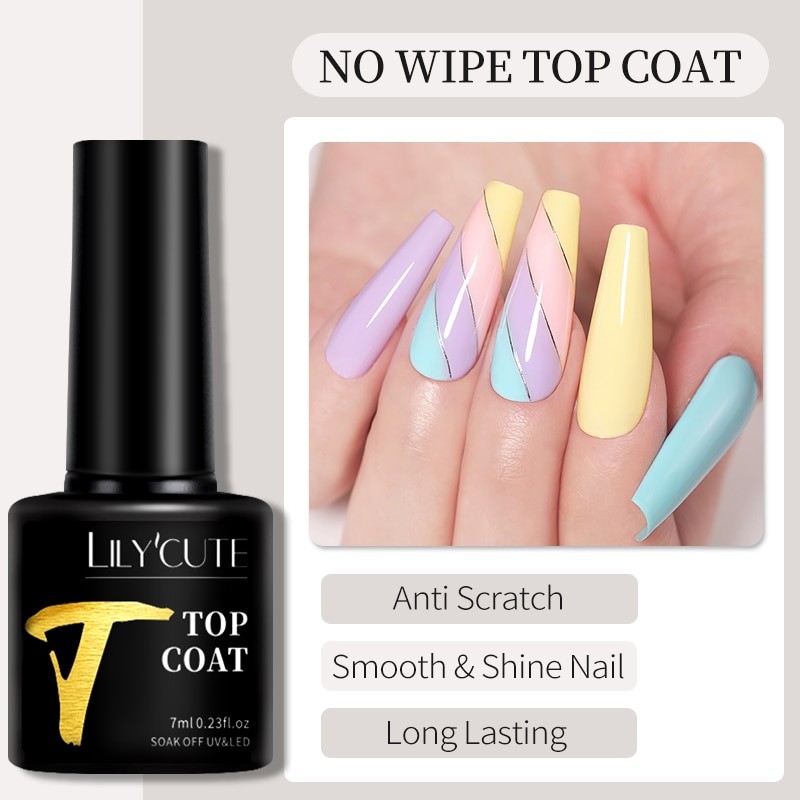 LILYCUTE 7ML Base Nowipe Top Coat UV Gel Colorful Gel Nail Polish Semi Permanent Soak Off UV LED Nail Art Manicure Nail Varnish
