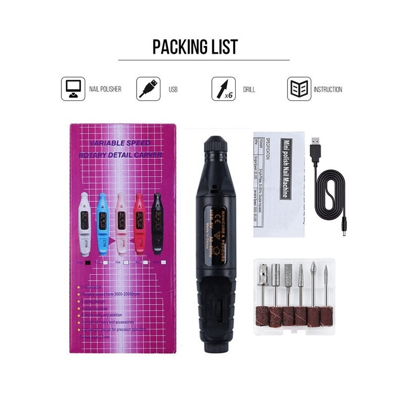 Black Electric Nail Drills Kit Remove Polisher Manicure Pedicure 6pcs File Sanding Bands Machine Art Equipment for Salon