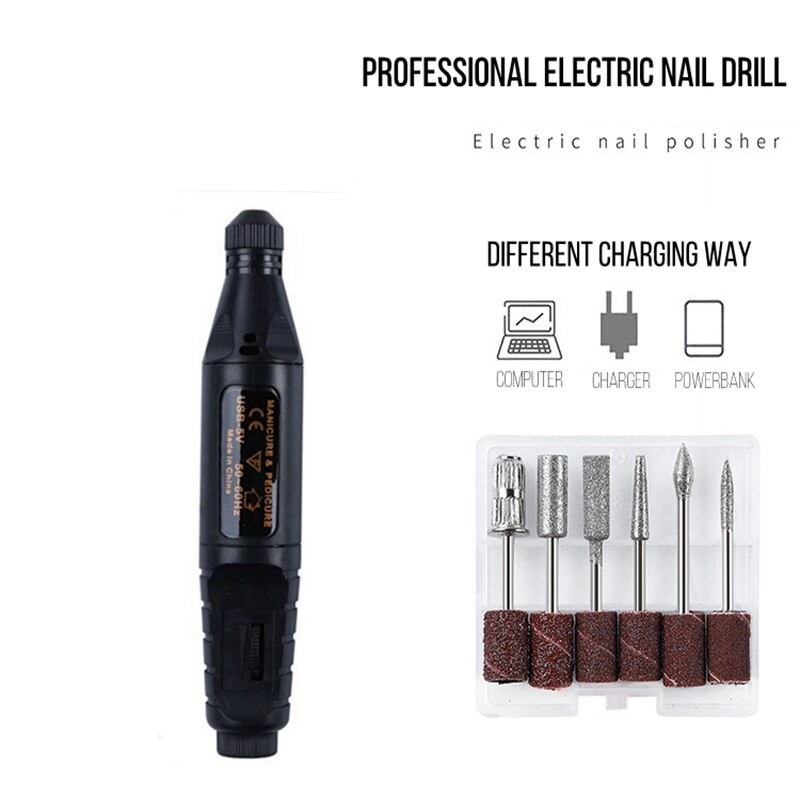 Black Electric Nail Drills Kit Remove Polisher Manicure Pedicure 6pcs File Sanding Bands Machine Art Equipment for Salon