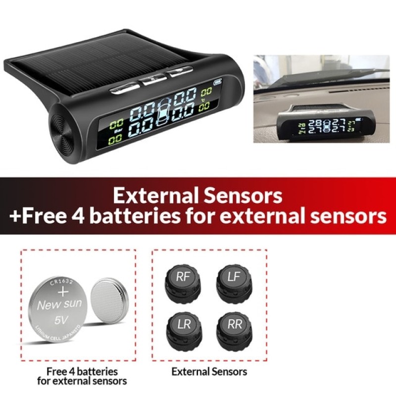 TPMS Car Tire Pressure Alarm Monitor System 4 Sensors Display Solar Intelligent Tyre Pressure Temperature Warning