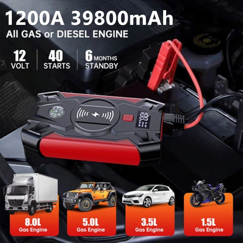 Car Jump Starter 1200A Battery Charger 39800mAh Emergency Power Bank Booster with LED Lighting Starting Device for 12V Cars