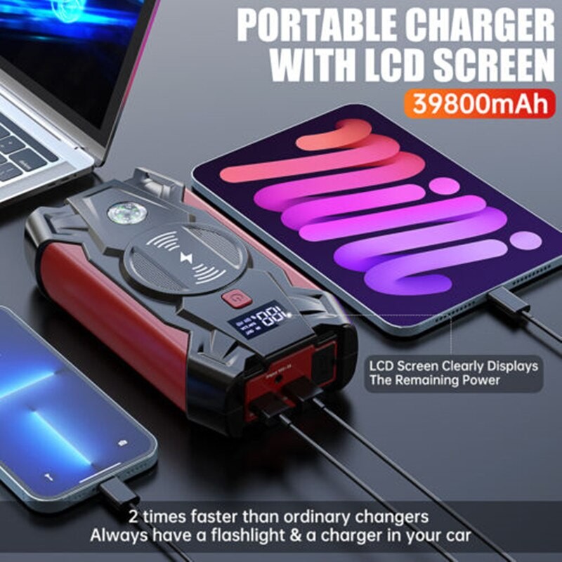 Car Jump Starter 1200A Battery Charger 39800mAh Emergency Power Bank Booster with LED Lighting Starting Device for 12V Cars