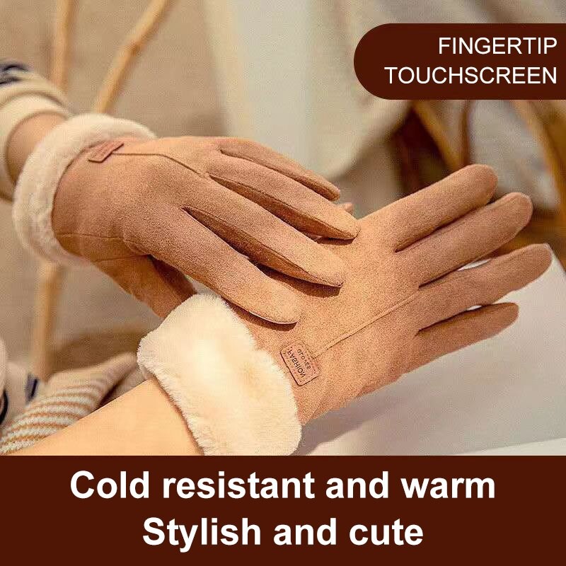 Gloves Women's Winter Cashmere Thickened Warm Driving Lovely Cycling Autumn And Winter Windproof Cold Touch Screen Cotton Gloves