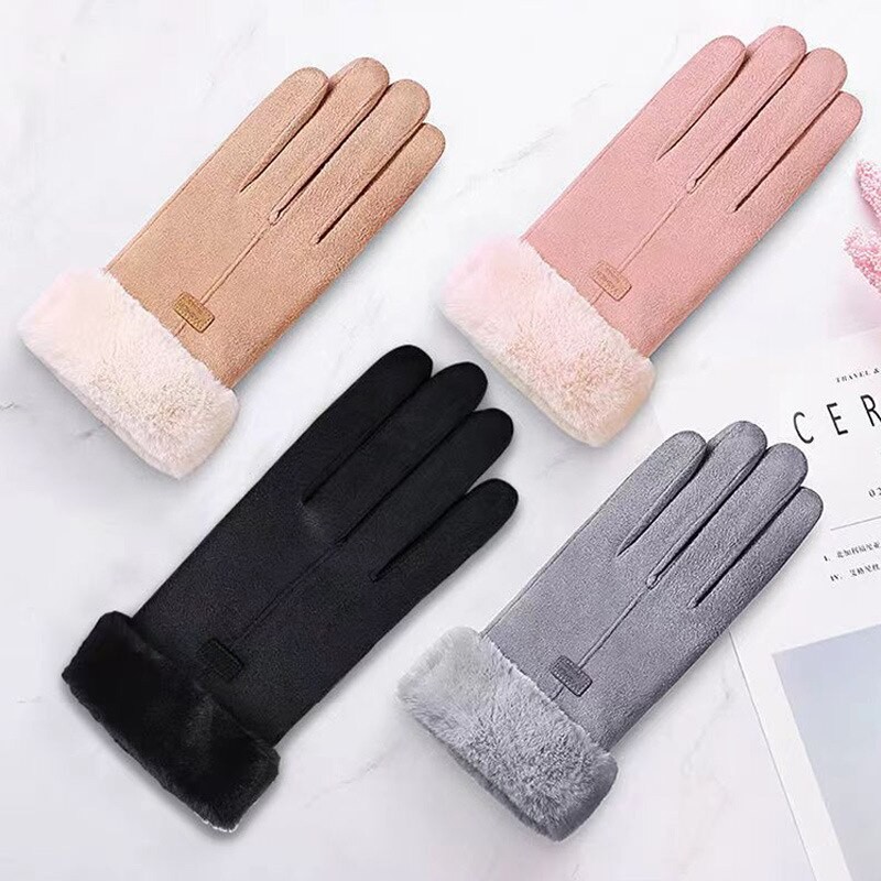 Gloves Women's Winter Cashmere Thickened Warm Driving Lovely Cycling Autumn And Winter Windproof Cold Touch Screen Cotton Gloves