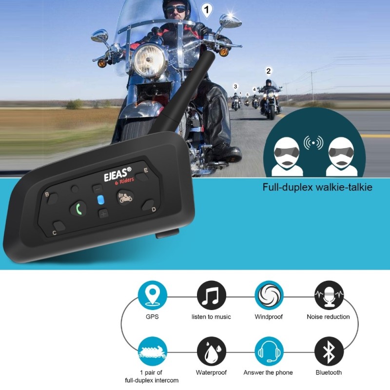 EJEAS V6 PRO Bluetooth Motorcycle Helmet Intercom Headset with 1200M BT Interphone Communicator for 6 Riders Waterproof