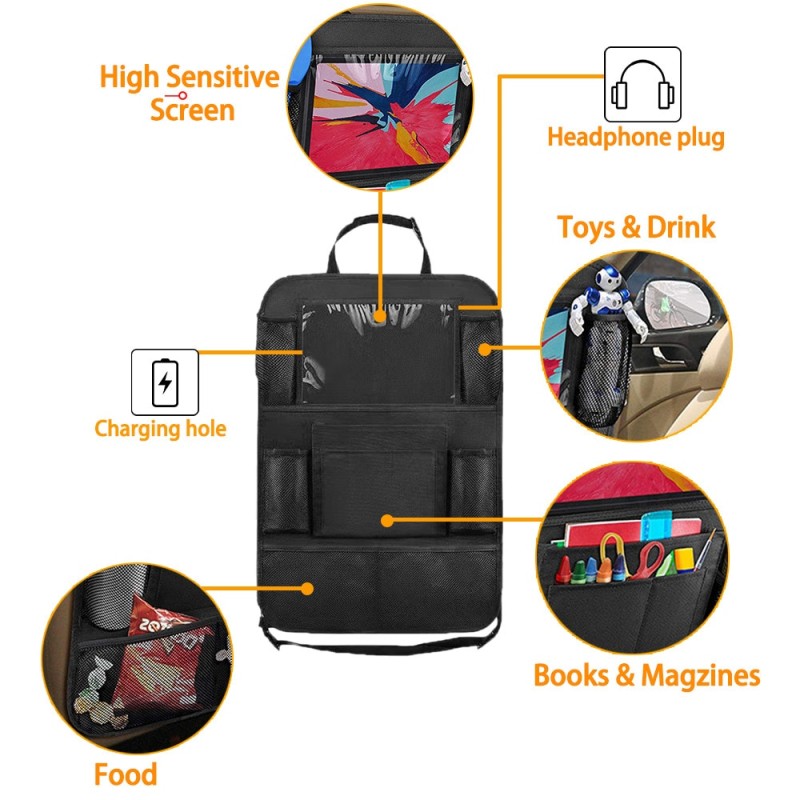 Car Back Seat Organizer with Touch Screen Tablet Holder Automatic Storage Pocket Protector for Travel