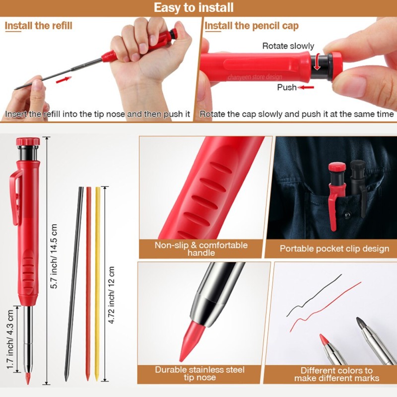 Solid Carpenter Pencil Set Mechanical Pencil 3 Colors Refill Carpentry Marking Scriber Construction Tools Woodworking Tools