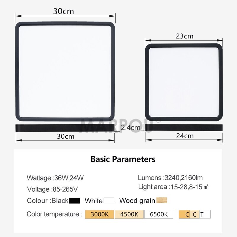 MARPOU 2.4cm Ultra thin led ceiling light Square Wood Grain ceiling lamps for living room 220V 110V led lights for room Bedroom