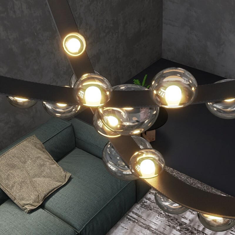Kobuc Modern LED Chandelier Light Creative 3M Leather Hanging Lamp for Villa Dining Room Bar Clear/Gray Glass Chandelier Fixture
