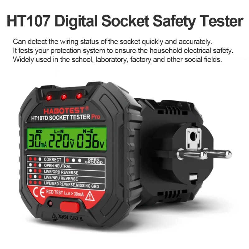 HABOTEST HT107 Pro Socket Tester Voltage Test Socket Detector EU Plug Ground Zero Line Plug Polarity Phase Check