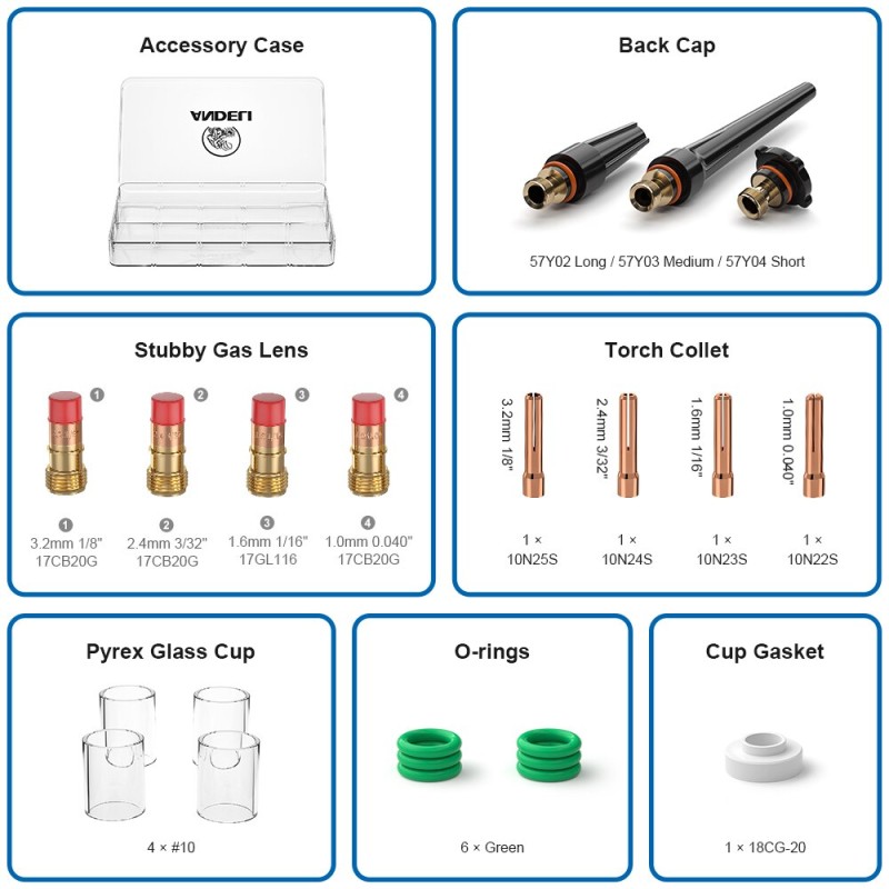 ANDELI 22PCS Welding Accessories Stubby Gas Lens For TIG Welding torch WP-17/18/26 Pyrex Glass Cup Kit