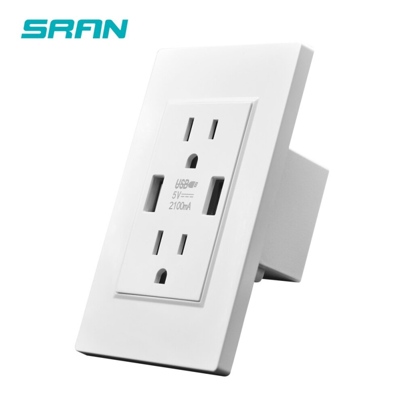 SRAN US Standard Dual Usb Wall Plug Socket,Double 2.1A Socket With Usb,White/Black PC Flame Retardant Panel 118mm*76mm