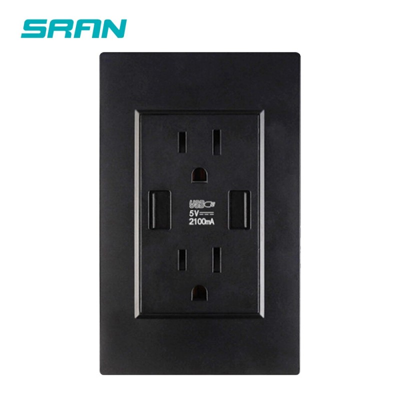 SRAN US Standard Dual Usb Wall Plug Socket,Double 2.1A Socket With Usb,White/Black PC Flame Retardant Panel 118mm*76mm