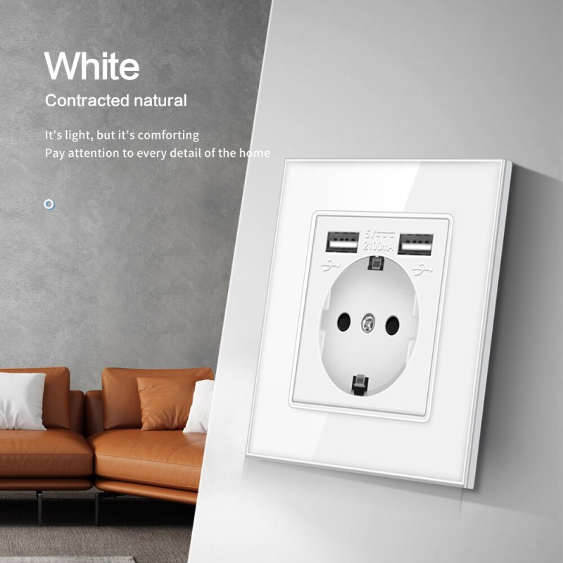 USB Wall Socket EU Power Plug Dual USB Charger Plug Wall Outlet 16A 2100ma Electrical Sockets AC100-250V Tempered Crystal Glass