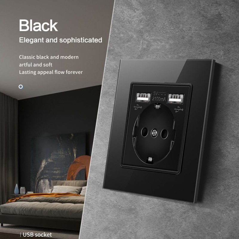 USB Wall Socket EU Power Plug Dual USB Charger Plug Wall Outlet 16A 2100ma Electrical Sockets AC100-250V Tempered Crystal Glass