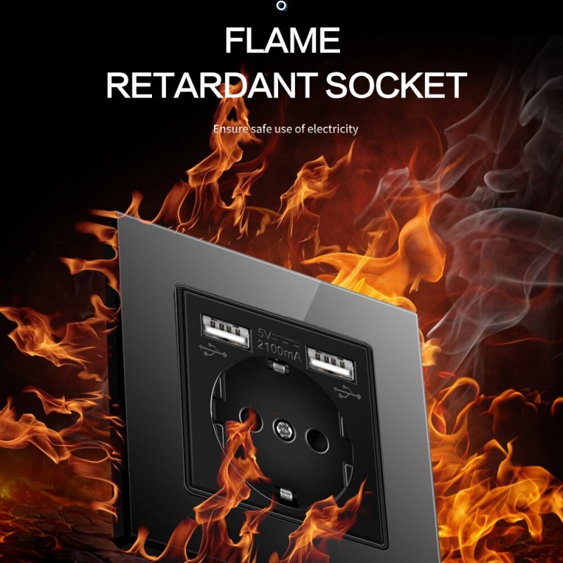 USB Wall Socket EU Power Plug Dual USB Charger Plug Wall Outlet 16A 2100ma Electrical Sockets AC100-250V Tempered Crystal Glass