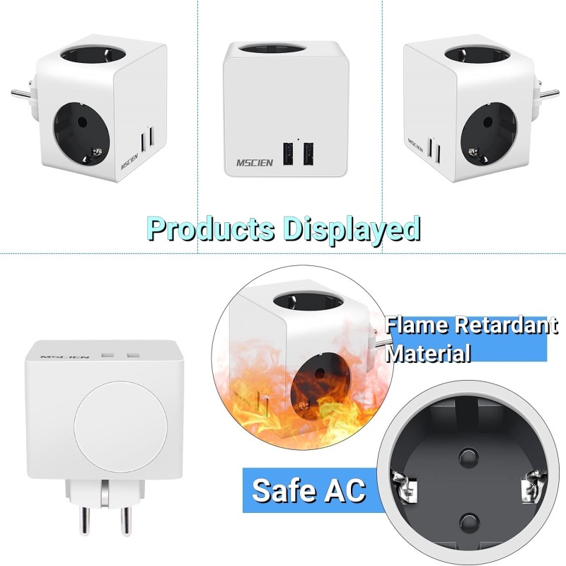 MSCIEN EU Plug Adaptor Surge Protected Cube Multi Plug Extension Wall Socket with USB Charging Ports European Smart Power Strip