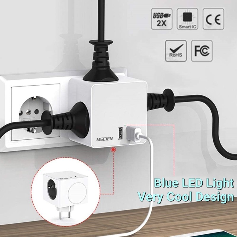 MSCIEN EU Plug Adaptor Surge Protected Cube Multi Plug Extension Wall Socket with USB Charging Ports European Smart Power Strip