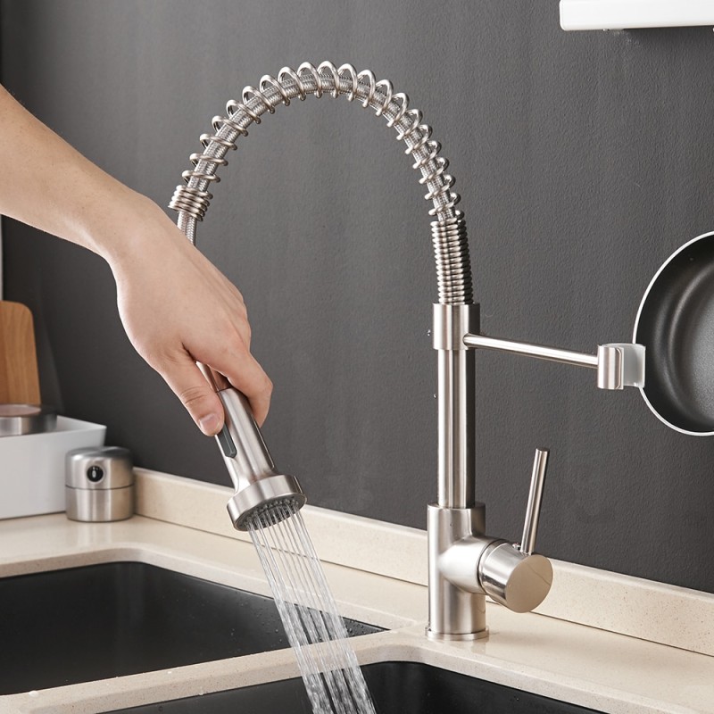 Israel G3/8 Kitchen Faucets Brush Brass Faucets for Kitchen Sink Pull Out Spring Spout Mixers Tap Hot Cold Water Crane