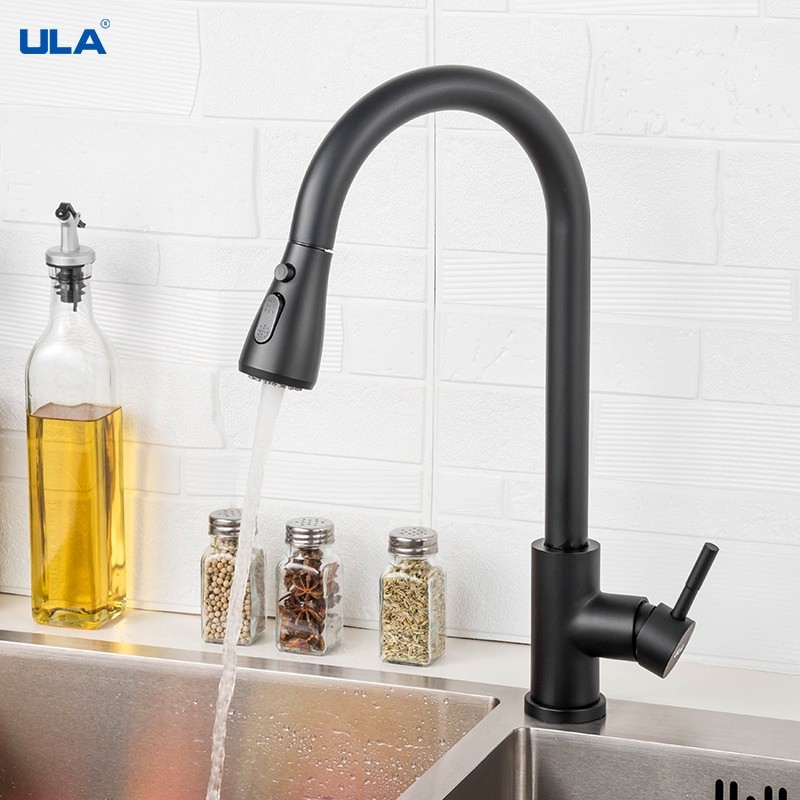 ULA Black Brushed Kitchen Faucet Pull Out Spout Kitchen Sink Mixer Tap Stream Sprayer Head 360 Rotation Kitchen Faucet Torneira