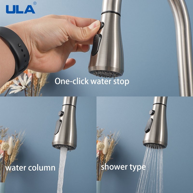 ULA Black Brushed Kitchen Faucet Pull Out Spout Kitchen Sink Mixer Tap Stream Sprayer Head 360 Rotation Kitchen Faucet Torneira