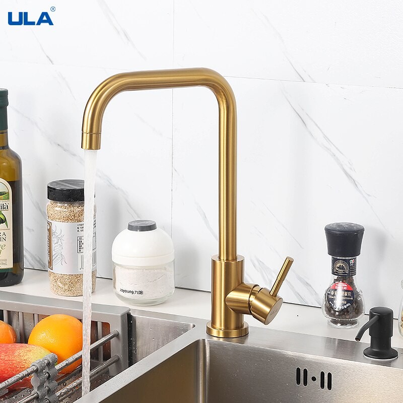 ULA Kitchen Faucet Stainless Steel Kitchen Sink Mixer Tap Single Hole Hot and Cold Water Taps Black/Gold Mixer Deck Mounted