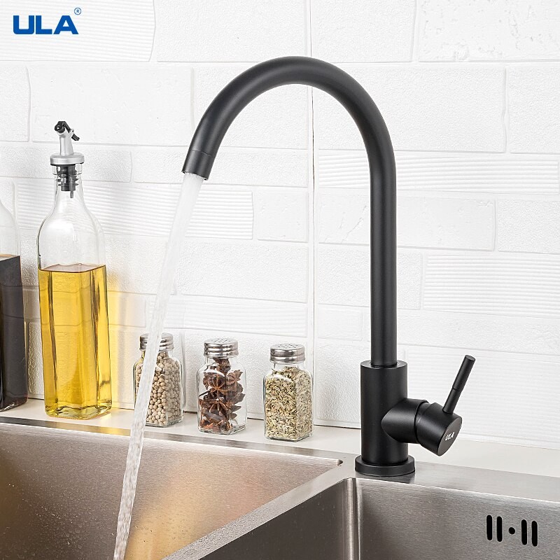 ULA Kitchen Faucet Stainless Steel Kitchen Sink Mixer Tap Single Hole Hot and Cold Water Taps Black/Gold Mixer Deck Mounted