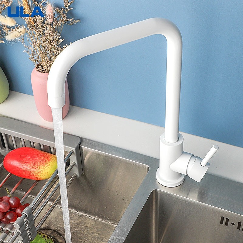 ULA Simple White Kitchen Faucets Stainless Steel 360 Rotate Kitchen Faucet Deck Mount Cold Hot Water Sink Mixer Taps Torneira