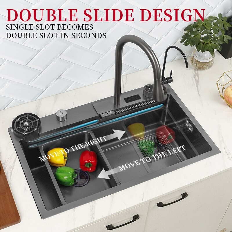Waterfall Kitchen Sink 304 Stainless Steel Multifuctional Faucet Smart Basin Above Counter/Apron Front