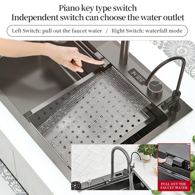 Waterfall Kitchen Sink 304 Stainless Steel Multifuctional Faucet Smart Basin Above Counter/Apron Front