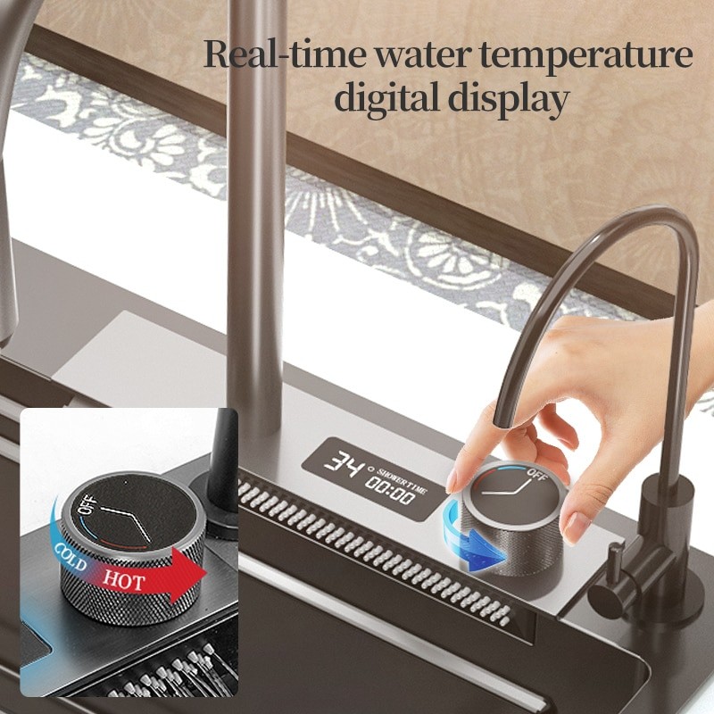 Waterfall Kitchen Sink 304 Stainless Steel Multifuctional Faucet Smart Basin Above Counter/Apron Front