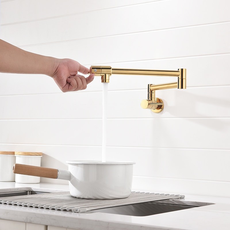 Tuqiu Pot Filler Tap Wall Mounted Foldable Kitchen Faucet Single Cold Single Hole Rose Gold Sink Tap Rotate Folding Spout  Brass