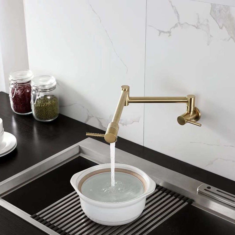Tuqiu Pot Filler Tap Wall Mounted Foldable Kitchen Faucet Single Cold Single Hole Rose Gold Sink Tap Rotate Folding Spout  Brass