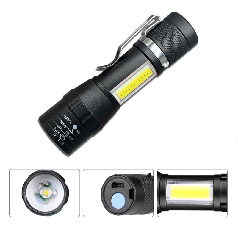 Portable LED Flashlight XPE COB Light Rechargeable Flashlight Built-in Battery Zoom Flashlight 3 Mode Ã¢â‚¬â€¹Anti-slip And Water