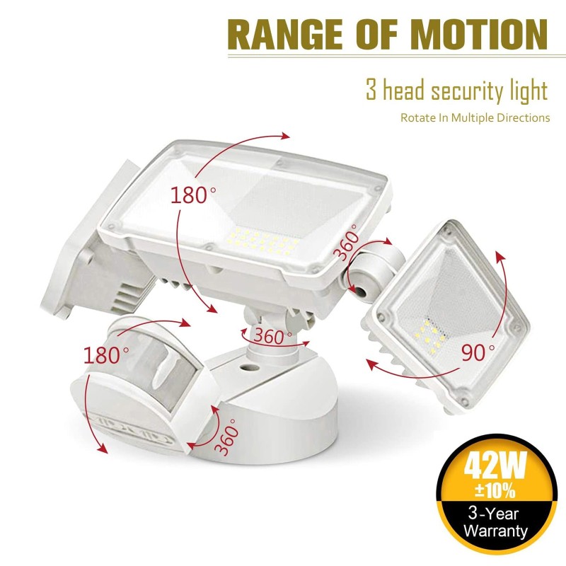 230V 3 Head LED Security Light 42W Motion Sensor Lights Outdoor Adjustable Flood Lights IP65 Waterproof 3000LM 6000K