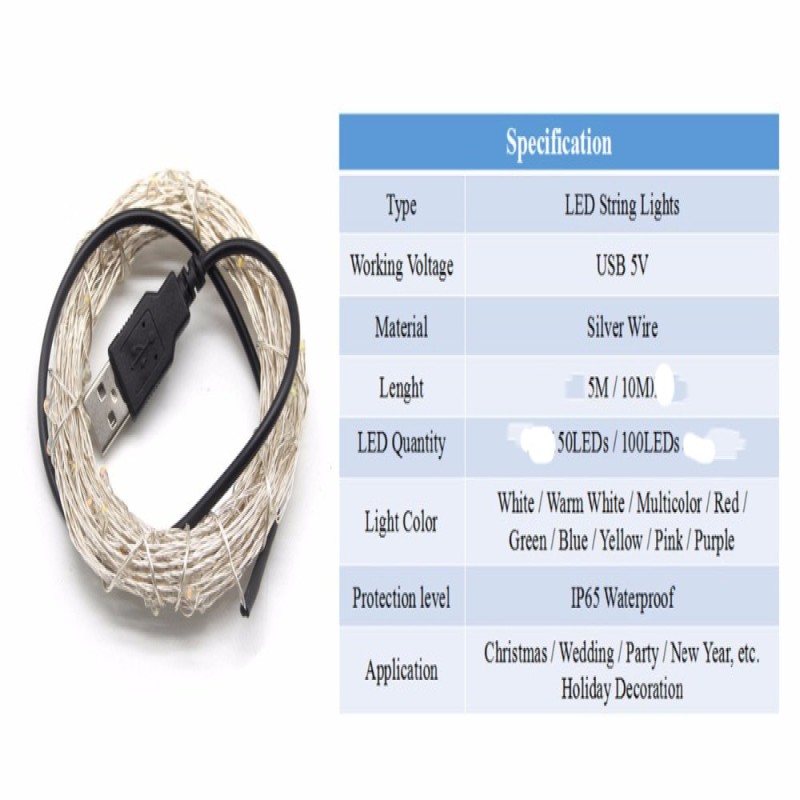LED Lights 5M 50LEDs 10M 100LEDs 5V USB LED String light Fairy Christmas Silver Wire Wedding Garland Lights