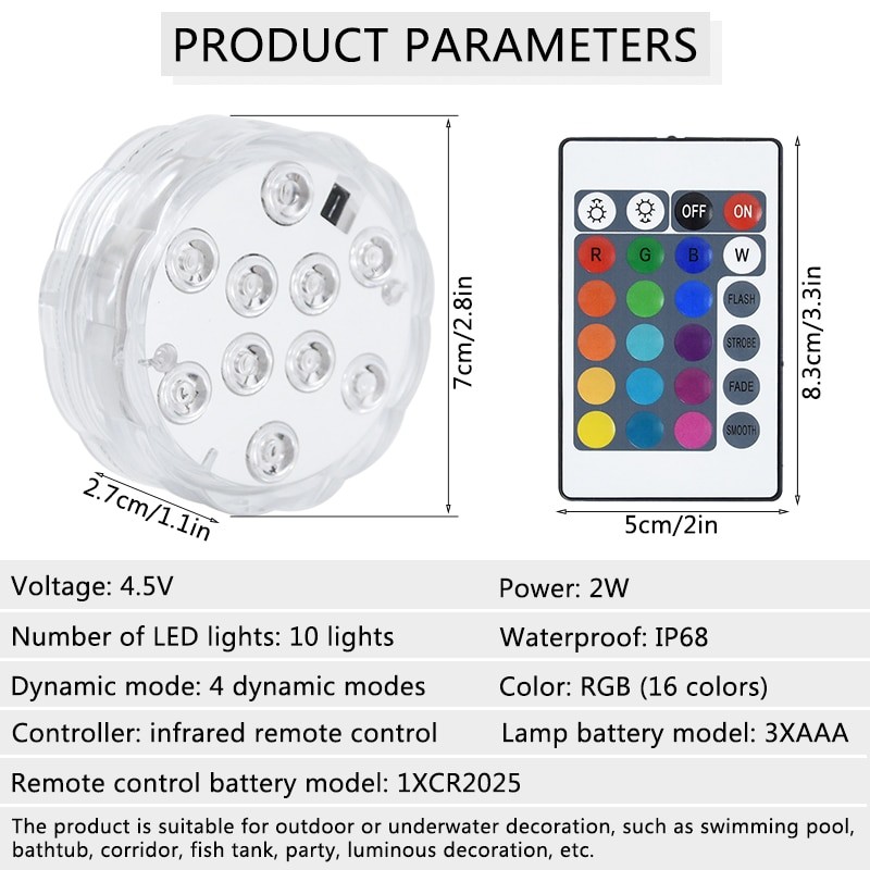 10LEDs RGB Submersible Light Remote Controlled Color Change Underwater LED Night Light for Outdoor Vase Fish Tank Pond