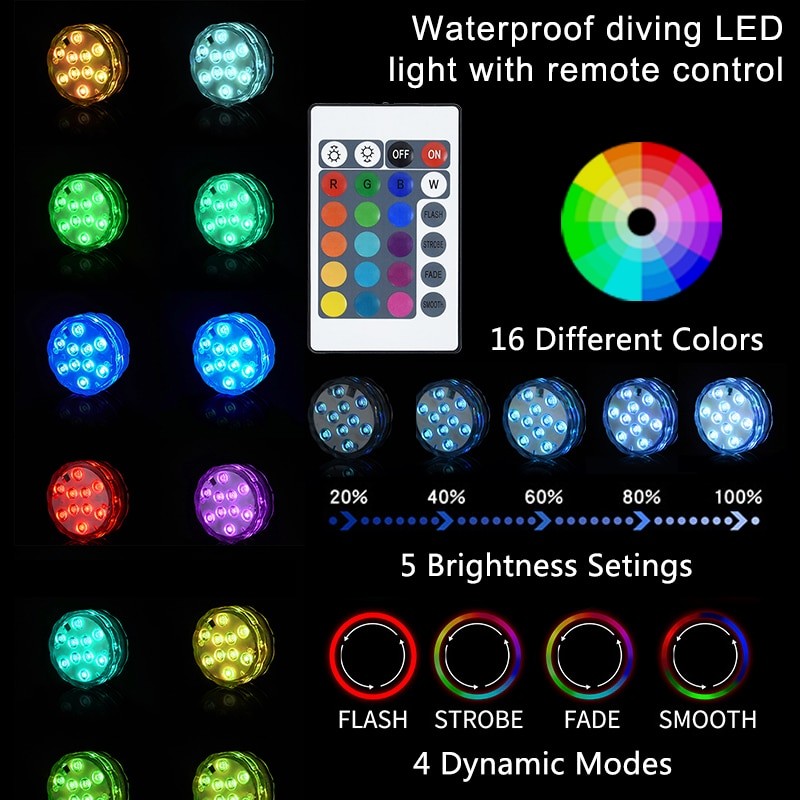 10LEDs RGB Submersible Light Remote Controlled Color Change Underwater LED Night Light for Outdoor Vase Fish Tank Pond