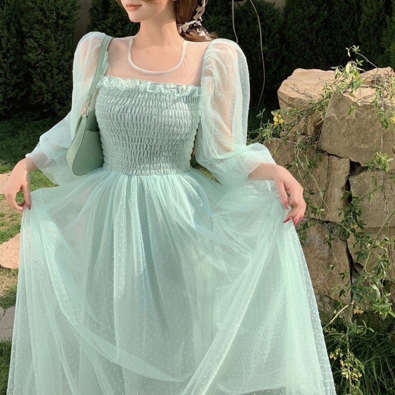 2023 Summer Robe Longue Sweet Kawaii Dress Korean Style Elegant Mesh Fairy Women Dress Vintage Beach Party Holiday Long Dresses