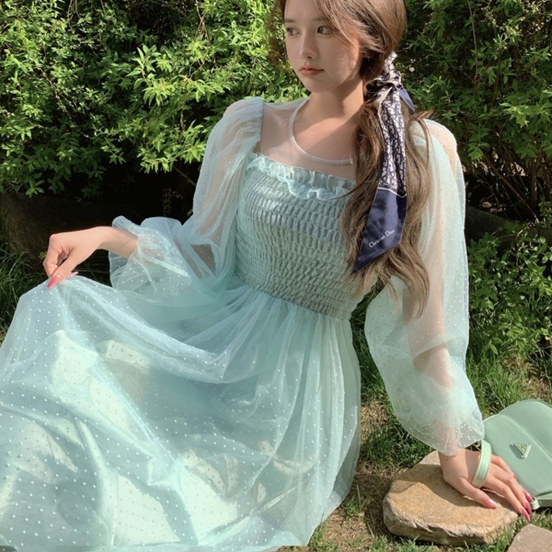2023 Summer Robe Longue Sweet Kawaii Dress Korean Style Elegant Mesh Fairy Women Dress Vintage Beach Party Holiday Long Dresses