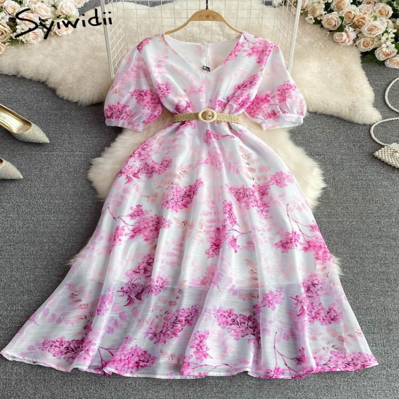 Syiwidii Women Print Chiffon Dress High Waisted Puff Short Sleeve V Neck Elegant Midi Dresses 2023 Fashion A Line Summer Dress